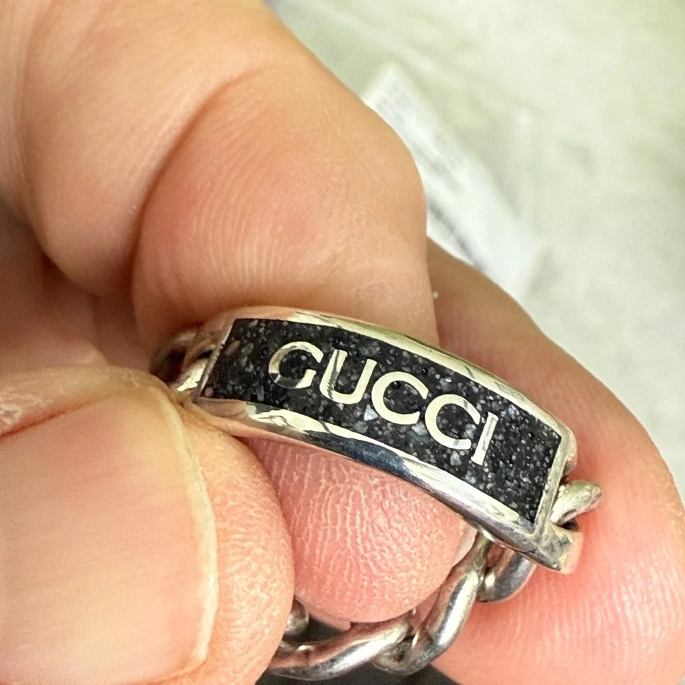 Gucci 678711 Unisex Sterling Silver Chain Ring with Black plaque, SZ 15